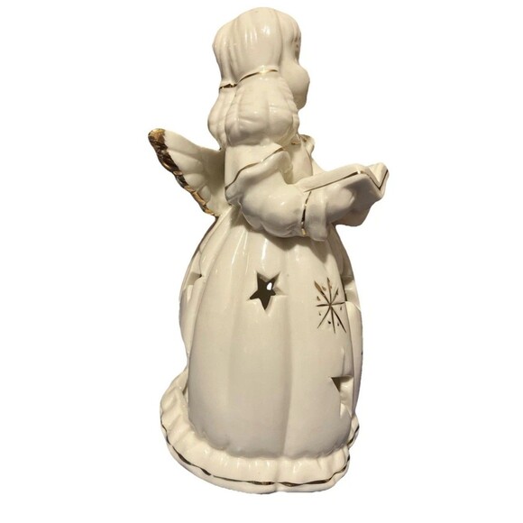 Christmas Caroling ceramic Angel Tea-light candle holder with stars gold trim 7’ - Picture 5 of 15